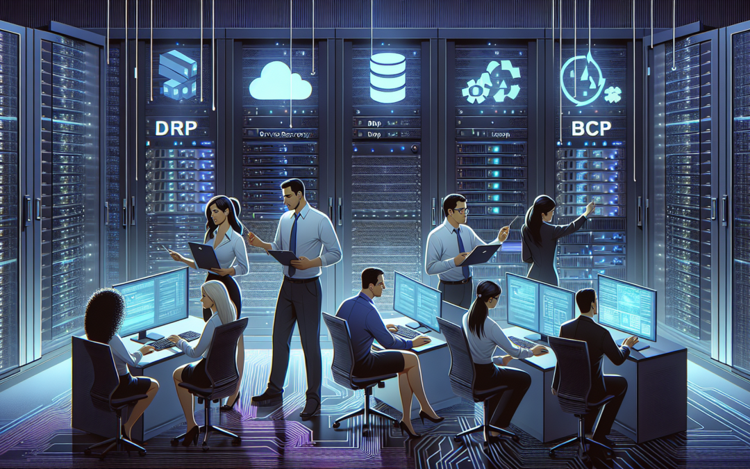 Equipo de TI implementando soluciones DRP y BCP en un centro de datos