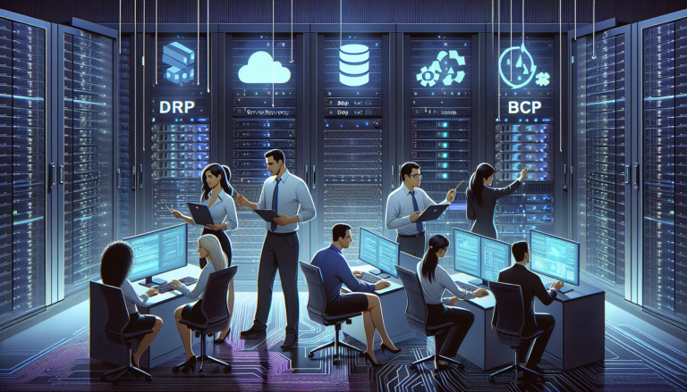 Equipo de TI implementando soluciones DRP y BCP en un centro de datos
