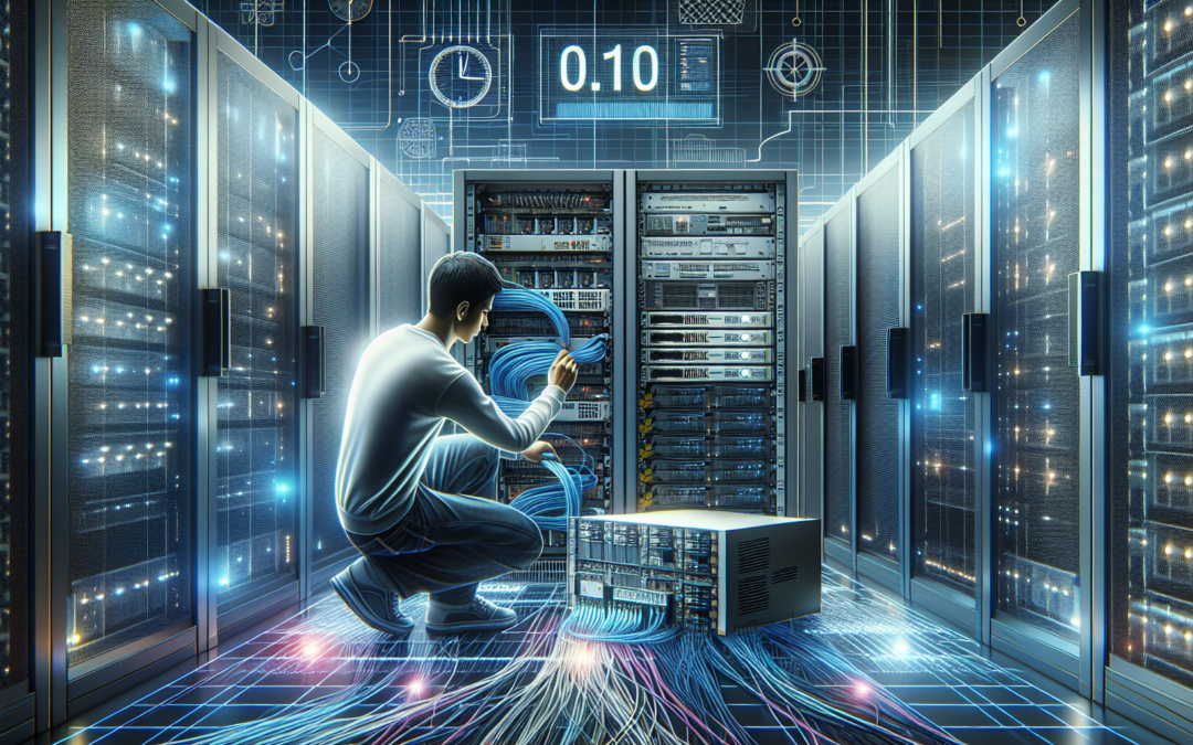 Técnico trabajando en un centro de datos para restaurar una conexión perdida