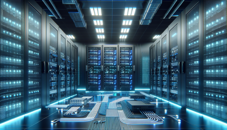 Interior de un centro de datos moderno con servidores y cableado organizado